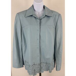DANA BUCHMAN Baby Blue Lambskin Snap Front Jacket Cutout Detail Sz 14